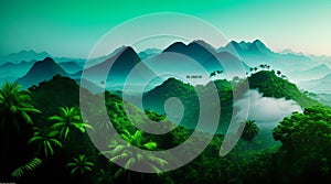 Explore the Captivating Digital Art of a Jungle Oasis, Palm Trees, and Majestic Mountains.
