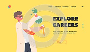 Explore Career Landing Page Template. Kid Holding Chemical Beaker, Scientist Child Character Conduct Experiment in Lab