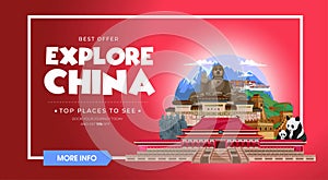 Explore China travel banner design. Asia travel design concept. Vector travel banner