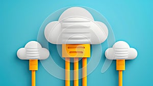 Explore the cloud computing concept with an illustration of a white cloud linked to a network cable