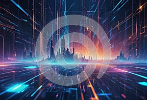 Futuristic Business Solutions Background with Dynamic Digital Networks and Holographic Interfaces photo