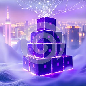 Futuristic Blockchain Technology Concept with Glowing Cubes and Network Connections photo