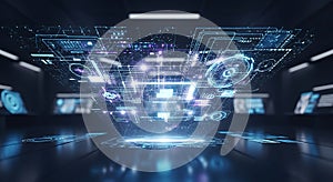 Futuristic digital brain data network interface with glowing holographic elements for new it tech