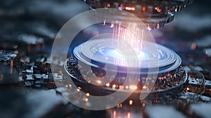 Advanced technology concept futuristic machine with glowing light data processing visualization