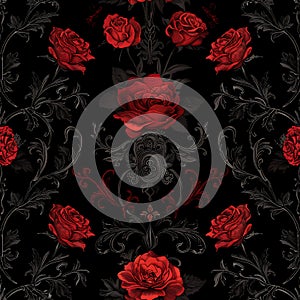 Dark Romantic Floral Tile in Reds and Black, seamless photo
