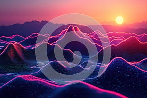 Explore Digital Mountain Range Landscape with Glowing Lines and Sunset