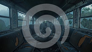 Explore the eerie beauty of an abandoned train car interior.