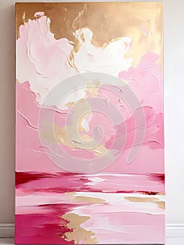 Explore the emotional tone conveyed by the vertical pink and gold abstract oil painting on canvas