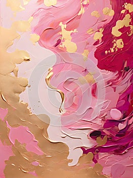 Explore the emotional tone conveyed by the vertical pink and gold abstract oil painting on canvas