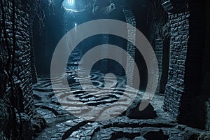 Explore the enigmatic confines of a dark tunnel with a captivating maze at its heart, A dimly lit labyrinth with towering stone