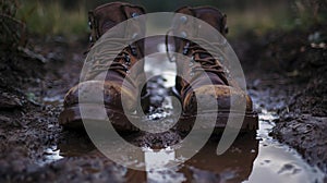 Muddy trail adventurehiking boots displayed amidst nature\'s rugged landscape capturing the spirit of outdoor exploration photo