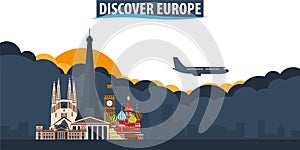 Explore Europe. Travel and Tourism banner. Clouds and sun with a