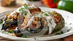 Explore the flavors of Mexico with classic chiles en nogada, spicy stuffing with creamy sauce, Ai Generated photo