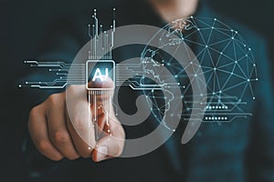Artificial intelligence ai technology concept hand touching ai chip with global network connection