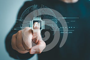 Artificial intelligence ai technology concept hand touching digital screen interface globe network