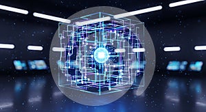 Futuristic digital cube with glowing data streams in modern tech environment
