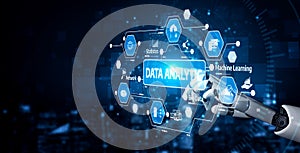 Data Analytics Concept with Robotic Arm and Digital Interface Featuring Statistics, Machine Learning, and Big Data