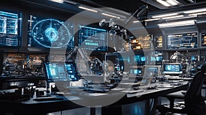 Futuristic command center interface design with advanced technology and data visualization screens