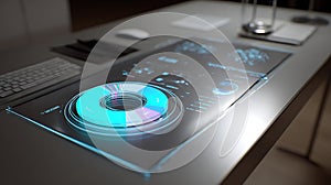 Futuristic interface concept on desk with data visualization for digital workspace design trend