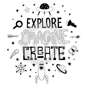 Explore, Imagine and Create poster in Scandinavian style with ha