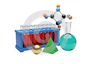 Vibrant science lab setup with molecular model, test tubes, and flask