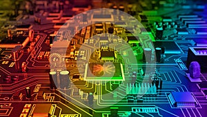 Advanced microchip technology powers the interconnected digital circuit board.