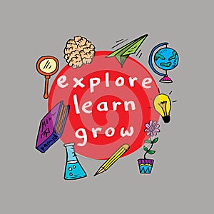 Explore Learn Grow. Inspirational positive quote.