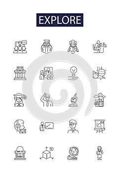 Explore line vector icons and signs. Delve, Scrutinize, Uncover, Learn, Discover, Hunt, Probe, Journey outline vector photo