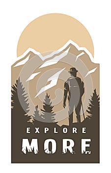 Explore more. Traveler on the background of wildlife. Vector illustration.