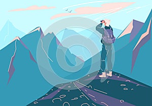 Explore mountain vector background. Man with backpack and binoculars stand on peak edge and look on landscape