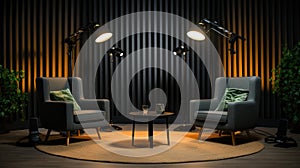 Stylish Podcast Studio with Luxurious Chairs and Sophisticated Panels, Professional Ambiance ai generated