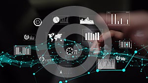 Modern Data Visualization and Analytics with Digital Graphs, Charts, and Interactive Elements on a Dark Background for