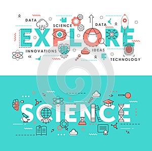 Explore science word abstract thin line vector illustration set with innovation idea symbols, scientific exploring