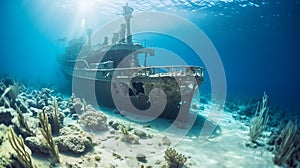 Explore a shipwreck, an underwater wreck investigation adventure.AI Generated