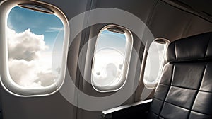 Explore the skies in comfort empty airline plane seats with clouds outside the windows