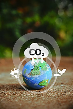 Explore a small world globe symbolizing CO2 reduction and net zero emissions by 2050. Embrace the icon of sustainability and join
