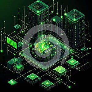 Futuristic Data Center with Green Light and Digital Elements