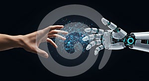 Digital Connection: Human Hand Reaching Robotic AI Interface. Future Technology and Network for Global Business.