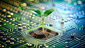 Eco-Friendly Technology Concept Plant Growing from Circuit Board - Symbol of Sustainable Innovation photo