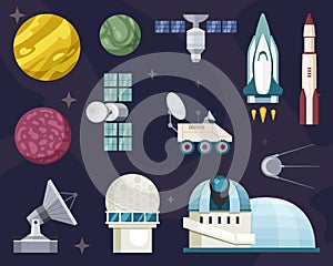 Explore travel in space set. Star observatories with powerful telescopes rockets orbiting satellites shuttles radar