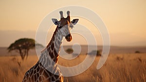Explore the untamed beauty of Africa's wildlife as you witness a lone giraffe standing tall in the golden light