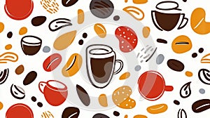 Explore this vibrant coffeethemed abstract seamless pattern, featuring modern flat illustrations and playful textures photo