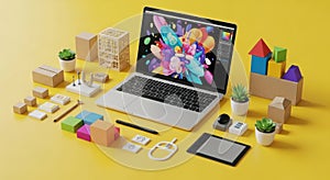 Creative workspace setup inspiring digital art and design projects modern laptop and tools