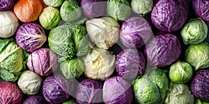 A colorful arrangement of fresh cabbages fills the frame. This image showcases green, purple, and white cabbages in photo