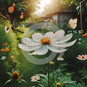 White Marigold Garden: Buzzing Bees and Fluttering Butterflies. photo