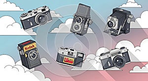 Collection of vintage cameras floating amidst stylized clouds with soft gradient sky background