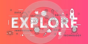 Explore word abstract thin line vector illustration with innovation science symbols, scientific lab equipment, idea