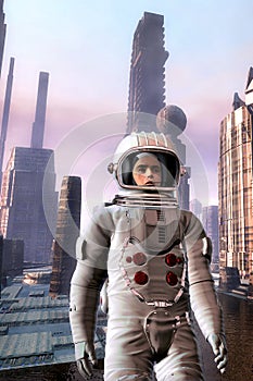 Explorer astronaut in alien city