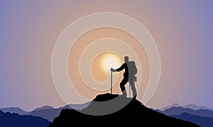 An Explorer Climbing The Mountain, Mountaineering, Sunset