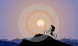 An Explorer, A Cyclist On The Mountaintop, Sunset